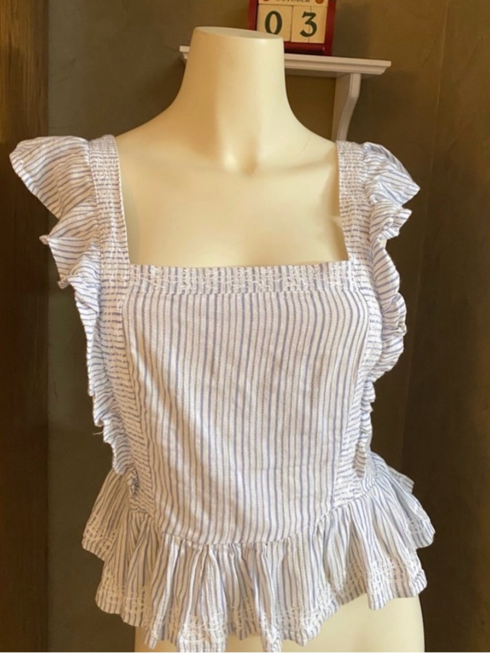 Japna Light Blue and White Striped Ruffle One-Piece